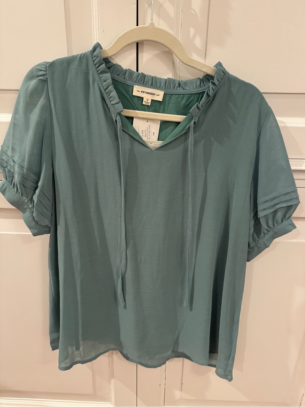 eesome Teal Ruffle Tie-Front Short Sleeve Blouse